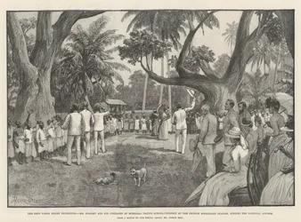 Die Emin-Pascha-Entlastungsexpedition, Mr. Stanley und seine Kameraden in Mombasa, einheimische Schulkinder an der Missionsstation der Kirche, die die Nationalhymne singen